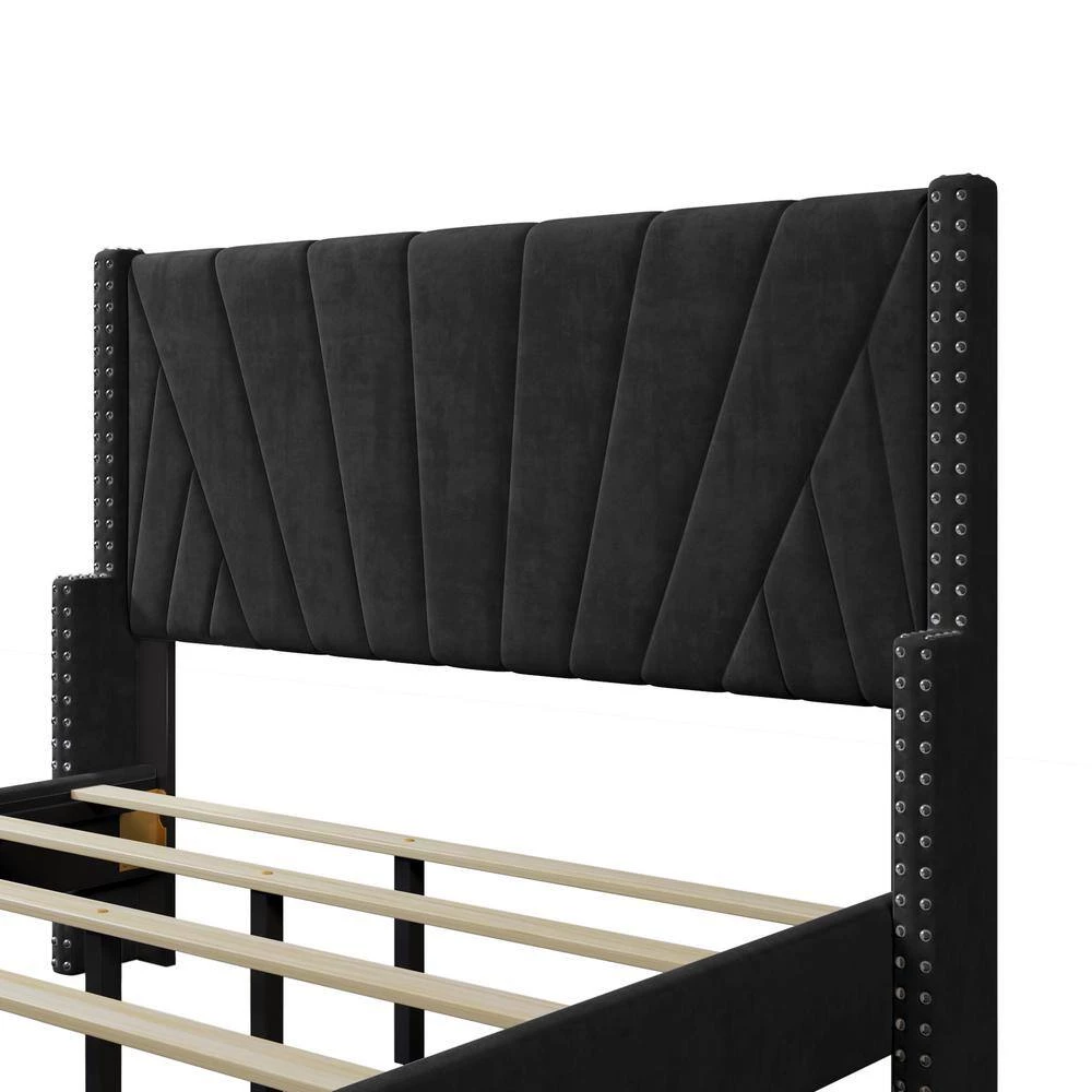81 in. W Black Velvet Upholstered Full Size Platform Bed by ATHMILE 5 81 in. W Black Velvet Upholstered Full Size Platform Bed by ATHMILE - Image 5