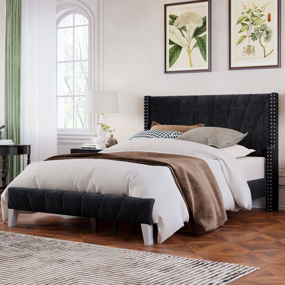 81 in. W Black Velvet Upholstered Full Size Platform Bed by ATHMILE 4 81 in. W Black Velvet Upholstered Full Size Platform Bed by ATHMILE - Image 4