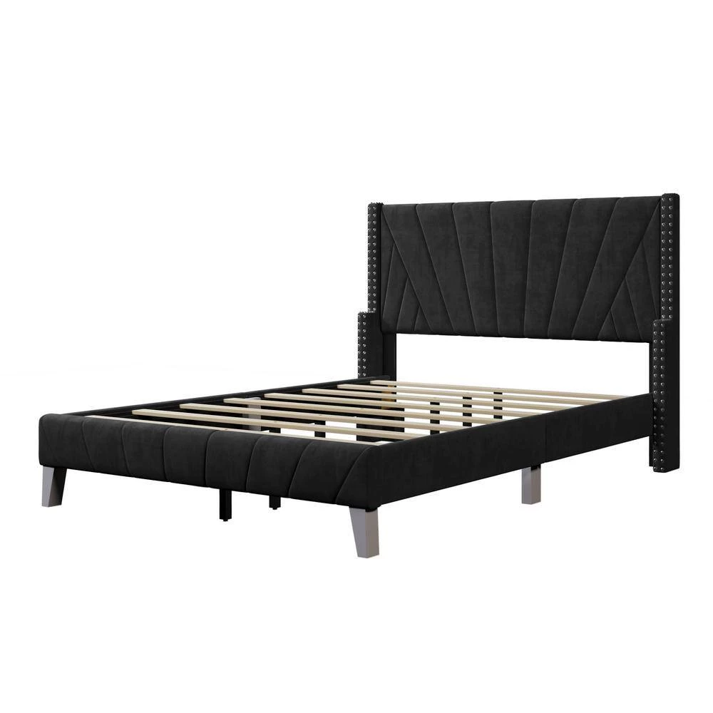 81 in. W Black Velvet Upholstered Full Size Platform Bed by ATHMILE 2 81 in. W Black Velvet Upholstered Full Size Platform Bed by ATHMILE - Image 2