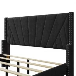 85.8 in. W Black Velvet Upholstered Queen Size Platform Bed by ATHMILE -ATHMILE Sales Store black athmile platform beds gz b2w20221309 1f 1000
