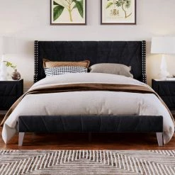 85.8 in. W Black Velvet Upholstered Queen Size Platform Bed by ATHMILE -ATHMILE Sales Store black athmile platform beds gz b2w20221309 31 1000