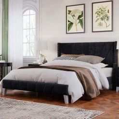 85.8 in. W Black Velvet Upholstered Queen Size Platform Bed by ATHMILE -ATHMILE Sales Store black athmile platform beds gz b2w20221309 4f 1000