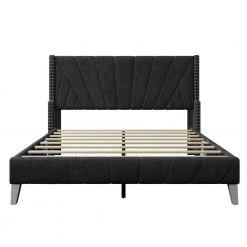85.8 in. W Black Velvet Upholstered Queen Size Platform Bed by ATHMILE