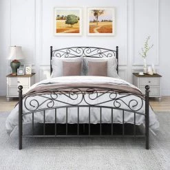 83.86 in. W Black Non-Upholster Metal Frame Queen Platform Bed by ATHMILE -ATHMILE Sales Store black athmile platform beds gz b2w20221402 31 1000