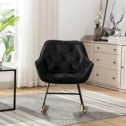 Black Toweling Tufted Fabric Rocking Chair (Set of 1) by ATHMILE -ATHMILE Sales Store black athmile rockers gliders ottomans gz b2w20220882 31 1000