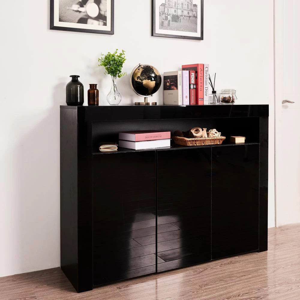 Black Sideboard Storage Cabinet High Gloss with LED Light by ATHMILE 5 Black Sideboard Storage Cabinet High Gloss with LED Light by ATHMILE - Image 5