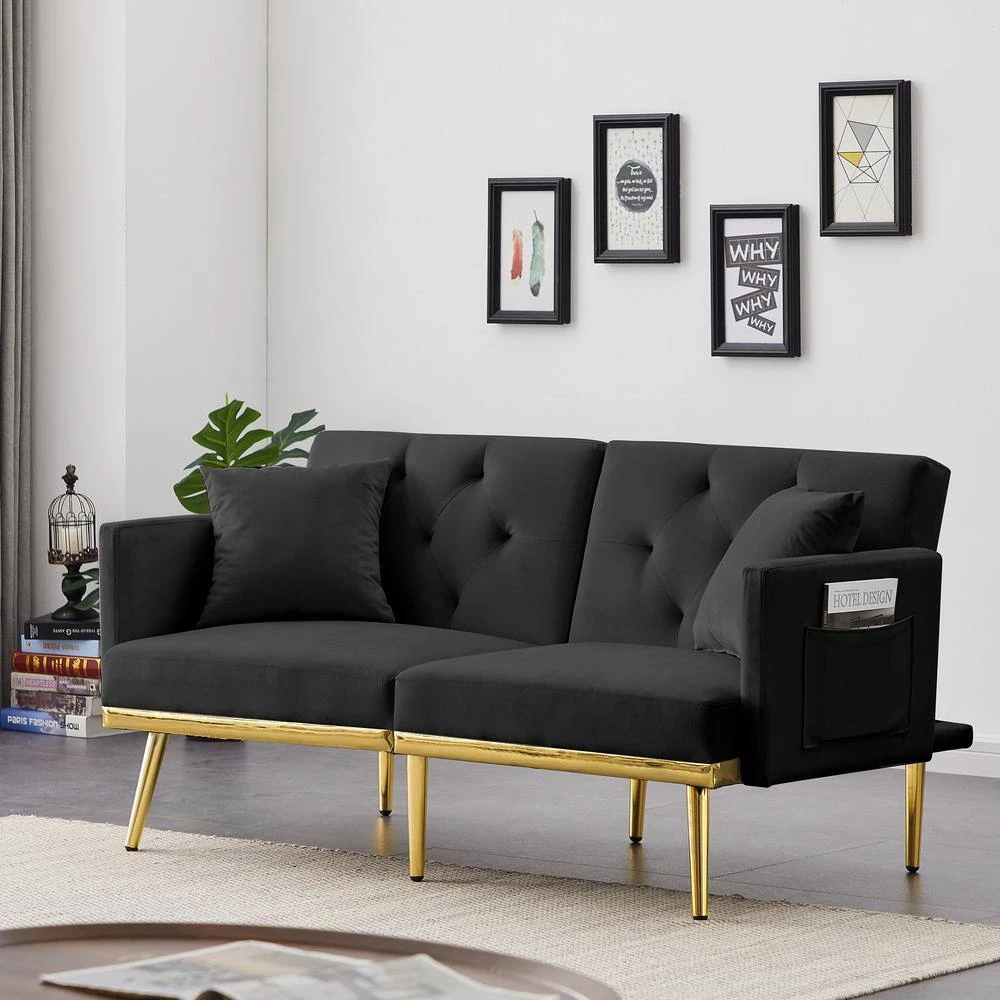 59 in.W Black Velvet Twin Size Sofa Bed by ATHMILE 4 59 in.W Black Velvet Twin Size Sofa Bed by ATHMILE - Image 4