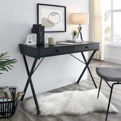 Black 43.2 in. Rectangle MDF Table Top 2-Drawers Writing Desk with Black Stoving Varnish Steel Frame by ATHMILE 15 Black 43.2 in. Rectangle MDF Table Top 2-Drawers Writing Desk with Black Stoving Varnish Steel Frame by ATHMILE -ATHMILE Sales Store black athmile writing desks gz w48735119 31 1000