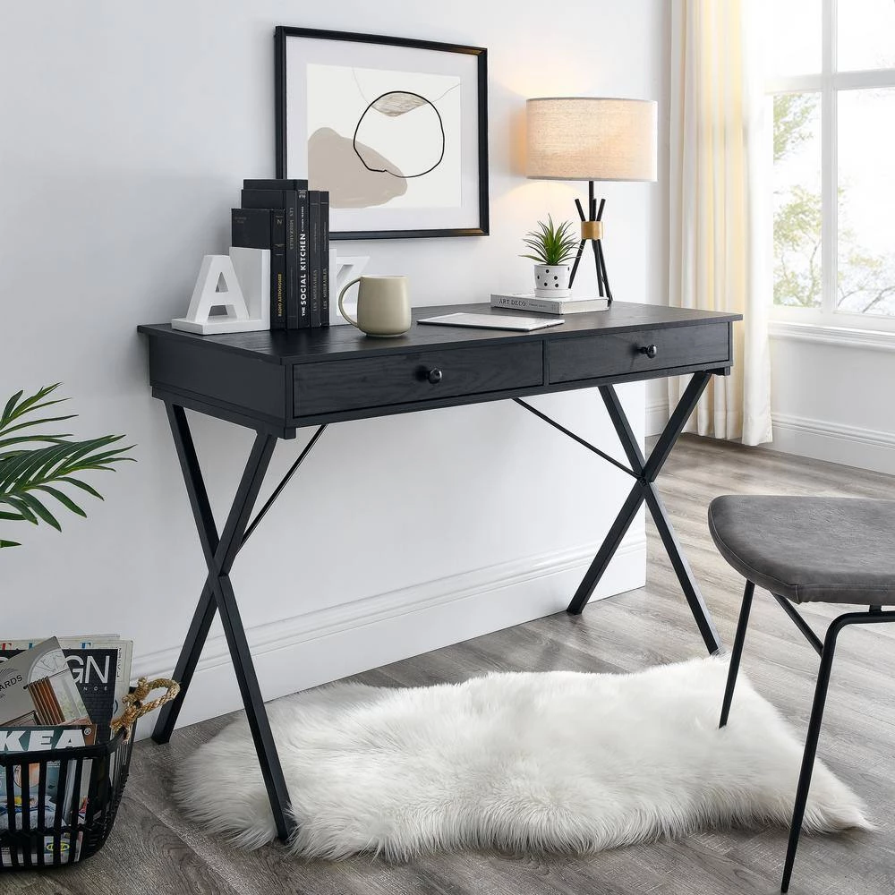 Black 43.2 in. Rectangle MDF Table Top 2-Drawers Writing Desk with Black Stoving Varnish Steel Frame by ATHMILE 8 Black 43.2 in. Rectangle MDF Table Top 2-Drawers Writing Desk with Black Stoving Varnish Steel Frame by ATHMILE - Image 8