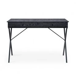 Black 43.2 in. Rectangle MDF Table Top 2-Drawers Writing Desk with Black Stoving Varnish Steel Frame by ATHMILE