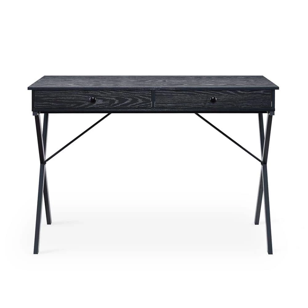 Black 43.2 in. Rectangle MDF Table Top 2-Drawers Writing Desk with Black Stoving Varnish Steel Frame by ATHMILE 1 Black 43.2 in. Rectangle MDF Table Top 2-Drawers Writing Desk with Black Stoving Varnish Steel Frame by ATHMILE