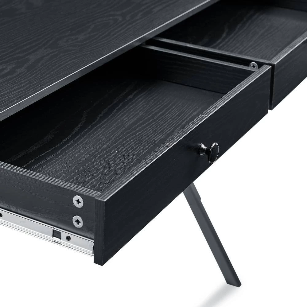 Black 43.2 in. Rectangle MDF Table Top 2-Drawers Writing Desk with Black Stoving Varnish Steel Frame by ATHMILE 3 Black 43.2 in. Rectangle MDF Table Top 2-Drawers Writing Desk with Black Stoving Varnish Steel Frame by ATHMILE - Image 3