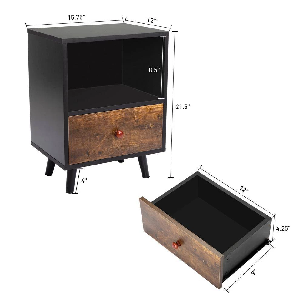 1-Drawer Black Brown Nightstand (Set of 2) by ATHMILE 6 1-Drawer Black Brown Nightstand (Set of 2) by ATHMILE - Image 6