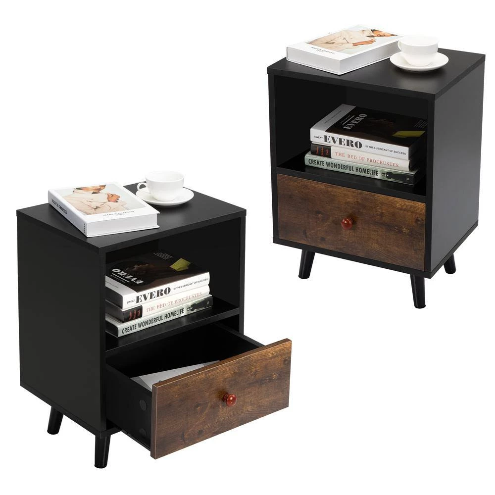 1-Drawer Black Brown Nightstand (Set of 2) by ATHMILE 2 1-Drawer Black Brown Nightstand (Set of 2) by ATHMILE - Image 2