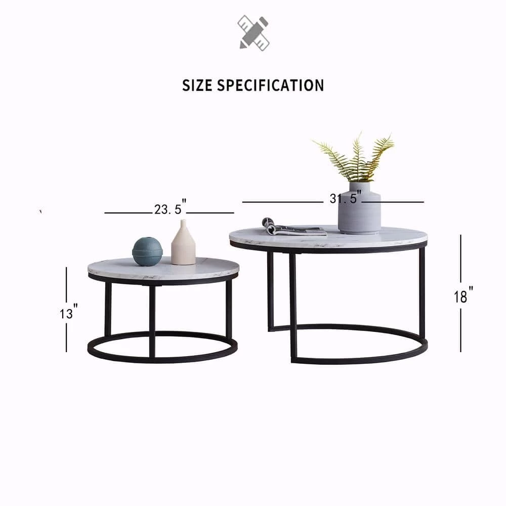 31 .5 in. Marble Color Top Round Modern Nesting MDF Coffee Table with Black Metal Frame with 2-Pieces by ATHMILE 3 31 .5 in. Marble Color Top Round Modern Nesting MDF Coffee Table with Black Metal Frame with 2-Pieces by ATHMILE - Image 3