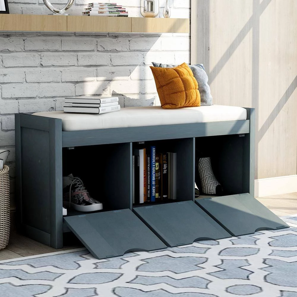 Blue Storage Bench with Removable Cushion and 3-Flip Lock Storage Cubbies 39 in. L x 14 in. W x 19.8 in. H by ATHMILE 5 Blue Storage Bench with Removable Cushion and 3-Flip Lock Storage Cubbies 39 in. L x 14 in. W x 19.8 in. H by ATHMILE - Image 5