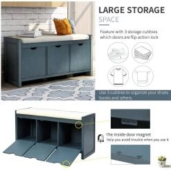 Blue Storage Bench with Removable Cushion and 3-Flip Lock Storage Cubbies 39 in. L x 14 in. W x 19.8 in. H by ATHMILE 8 Blue Storage Bench with Removable Cushion and 3-Flip Lock Storage Cubbies 39 in. L x 14 in. W x 19.8 in. H by ATHMILE -ATHMILE Sales Store blue athmile dining benches gz b2w20220681 4f 1000