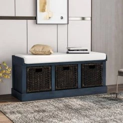Blue Storage Bench with Removable Cushion and 3-Rattan Basket 43.7 in. L x 15.7 in. W x 17 in. H by ATHMILE -ATHMILE Sales Store blue athmile dining benches gz b2w20220683 31 1000
