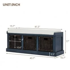 Blue Storage Bench with Removable Cushion and 3-Rattan Basket 43.7 in. L x 15.7 in. W x 17 in. H by ATHMILE -ATHMILE Sales Store blue athmile dining benches gz b2w20220683 4f 1000