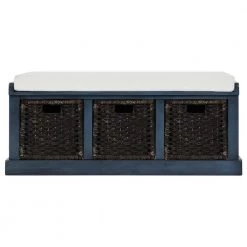 Blue Storage Bench with Removable Cushion and 3-Rattan Basket 43.7 in. L x 15.7 in. W x 17 in. H by ATHMILE