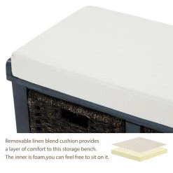 Blue Storage Bench with Removable Cushion and 3-Rattan Basket 43.7 in. L x 15.7 in. W x 17 in. H by ATHMILE -ATHMILE Sales Store blue athmile dining benches gz b2w20220683 fa 1000
