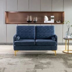 55.1 in. Blue Fabric Upholstered 2-Seater Loveseat with Golden Legs by ATHMILE -ATHMILE Sales Store blue athmile loveseats gz b2w20222099 4f 1000