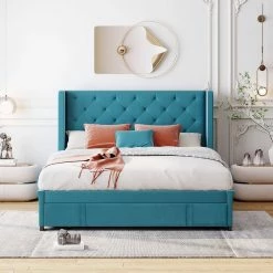 84.4 in.W Blue Queen Size Velvet Wood Frame Platform Bed by ATHMILE 17 84.4 in.W Blue Queen Size Velvet Wood Frame Platform Bed by ATHMILE -ATHMILE Sales Store blue athmile platform beds gz b2w20221929 31 1000