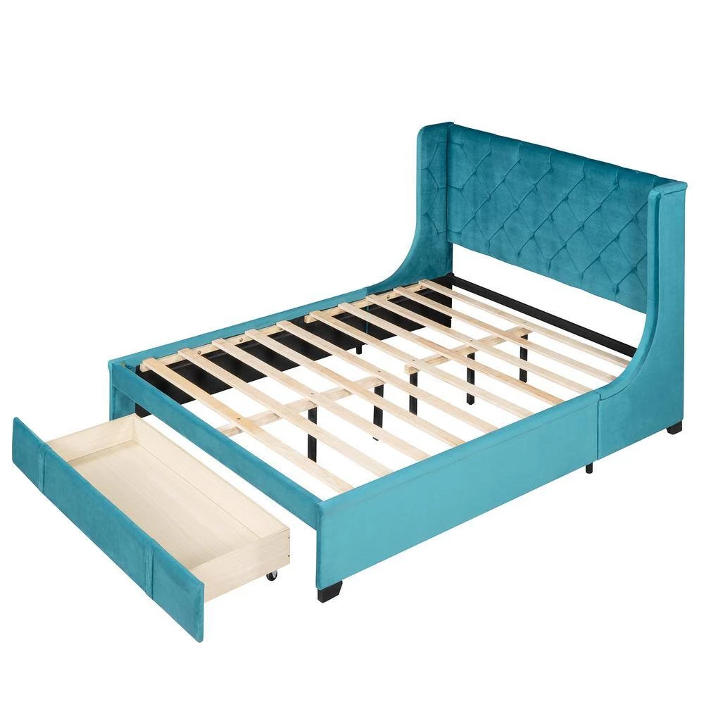 84.4 in.W Blue Queen Size Velvet Wood Frame Platform Bed by ATHMILE 2 84.4 in.W Blue Queen Size Velvet Wood Frame Platform Bed by ATHMILE - Image 2