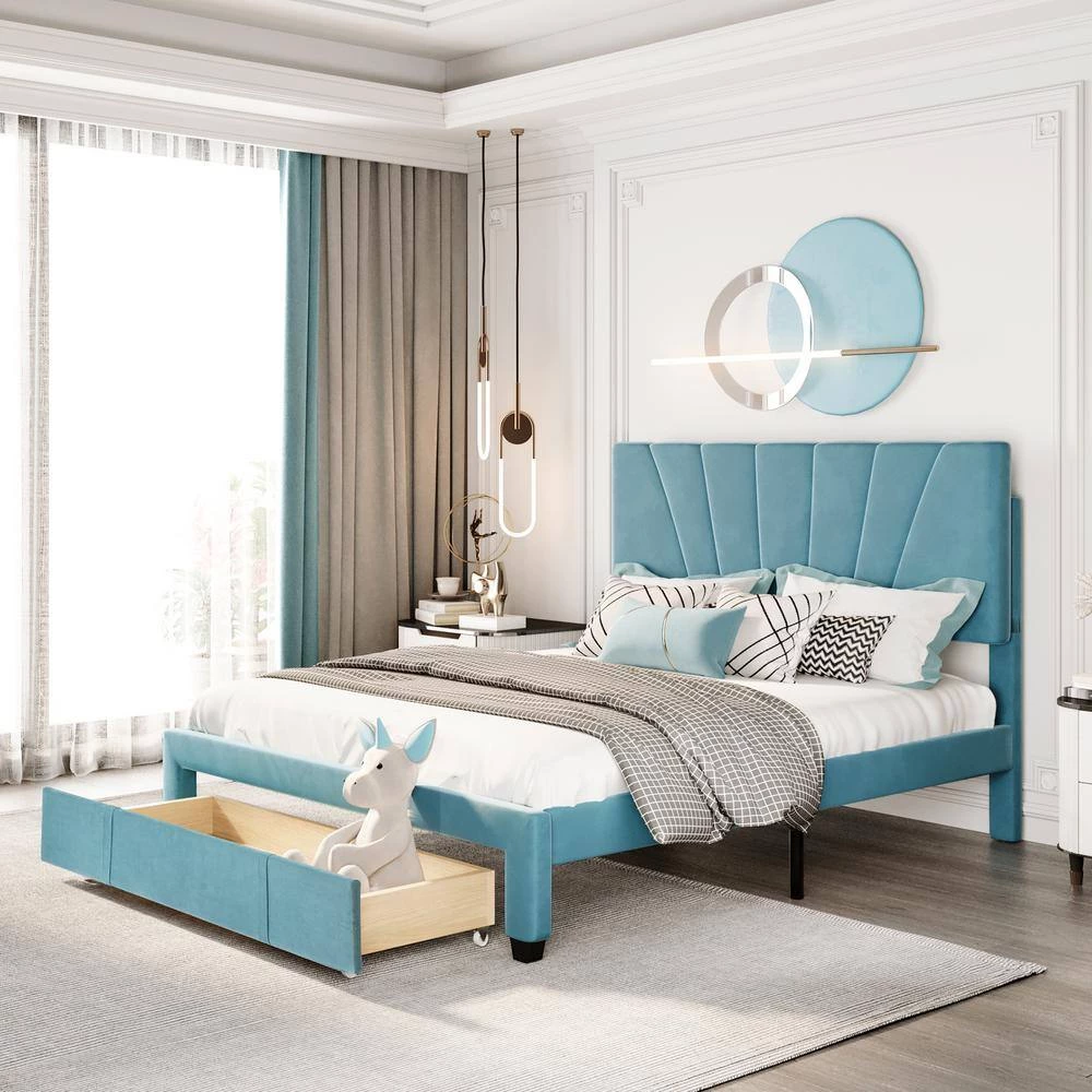 Blue Queen Size Storage Bed Velvet Upholstered Platform Bed with a Big Drawer by ATHMILE 9 Blue Queen Size Storage Bed Velvet Upholstered Platform Bed with a Big Drawer by ATHMILE - Image 9
