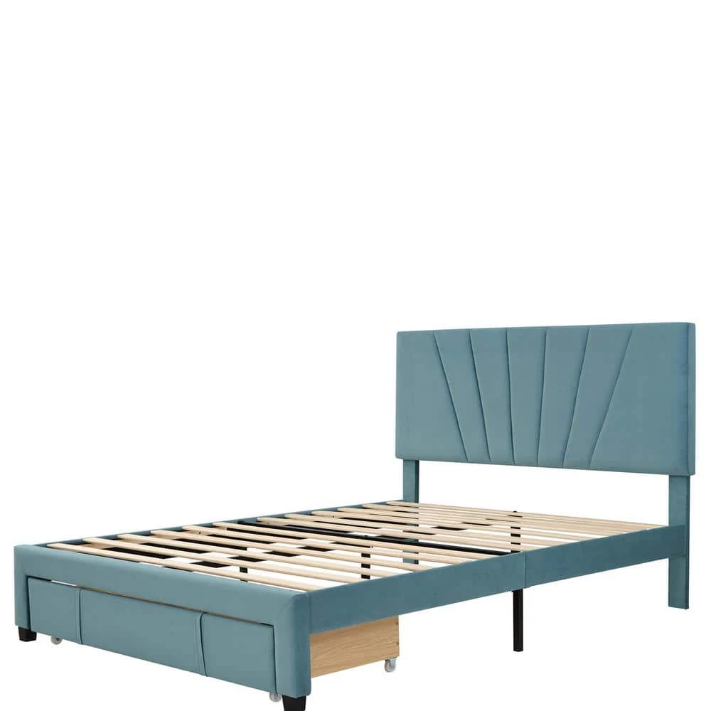 Blue Queen Size Storage Bed Velvet Upholstered Platform Bed with a Big Drawer by ATHMILE 1 Blue Queen Size Storage Bed Velvet Upholstered Platform Bed with a Big Drawer by ATHMILE