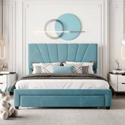 Blue Queen Size Storage Bed Velvet Upholstered Platform Bed with a Big Drawer by ATHMILE 16 Blue Queen Size Storage Bed Velvet Upholstered Platform Bed with a Big Drawer by ATHMILE -ATHMILE Sales Store blue athmile platform beds gz wf199385aac 76 1000