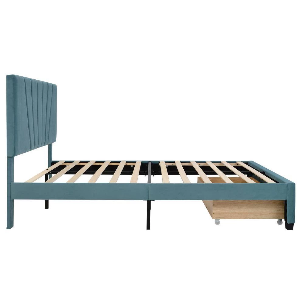 Blue Queen Size Storage Bed Velvet Upholstered Platform Bed with a Big Drawer by ATHMILE 2 Blue Queen Size Storage Bed Velvet Upholstered Platform Bed with a Big Drawer by ATHMILE - Image 2