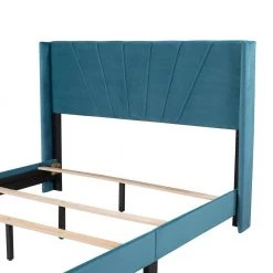 84.4 in. W Blue Velvet Upholstered Queen Size Platform Bed by ATHMILE -ATHMILE Sales Store blue athmile platform beds gzx b2w20221129 44 1000