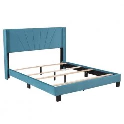 84.4 in. W Blue Velvet Upholstered Queen Size Platform Bed by ATHMILE