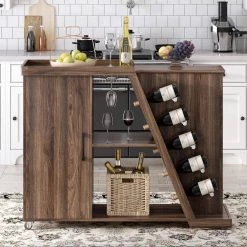 Brown Island Cart with Adjustable Shelf and 5-Wine Holders by ATHMILE -ATHMILE Sales Store brown athmile bar carts gz b2w20221429 4f 1000