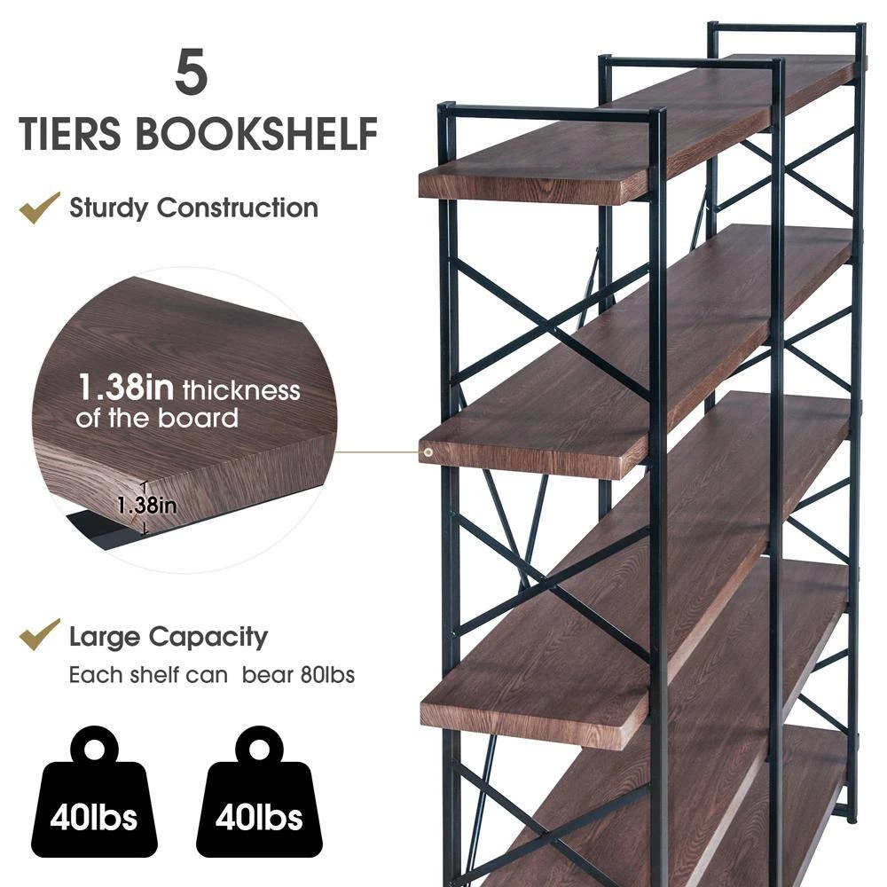 71 in. Brown 5-Shelf Standard Bookcase by ATHMILE 7 71 in. Brown 5-Shelf Standard Bookcase by ATHMILE - Image 7
