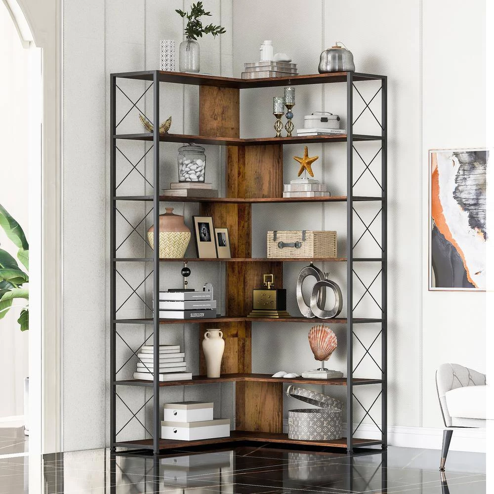 70.9 in. H Brown Wood 7-Tier L-Shaped Corner Standard Bookcase with Metal Frame by ATHMILE 9 70.9 in. H Brown Wood 7-Tier L-Shaped Corner Standard Bookcase with Metal Frame by ATHMILE - Image 9