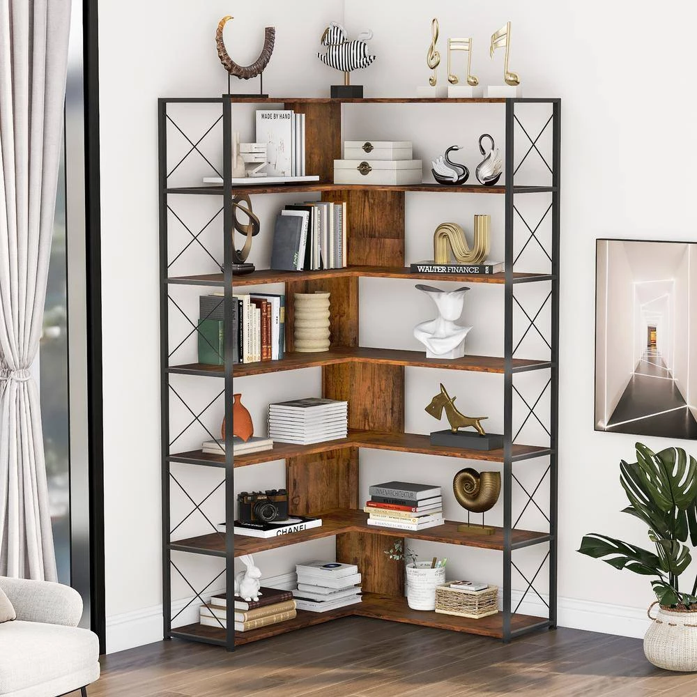 70.9 in. H Brown Wood 7-Tier L-Shaped Corner Standard Bookcase with Metal Frame by ATHMILE 4 70.9 in. H Brown Wood 7-Tier L-Shaped Corner Standard Bookcase with Metal Frame by ATHMILE - Image 4