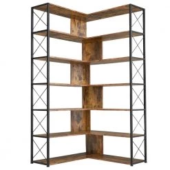 70.9 in. H Brown Wood 7-Tier L-Shaped Corner Standard Bookcase with Metal Frame by ATHMILE