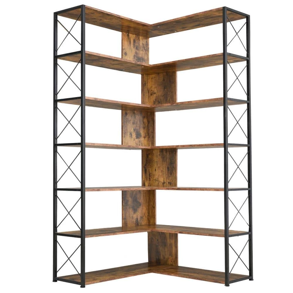 70.9 in. H Brown Wood 7-Tier L-Shaped Corner Standard Bookcase with Metal Frame by ATHMILE 1 70.9 in. H Brown Wood 7-Tier L-Shaped Corner Standard Bookcase with Metal Frame by ATHMILE