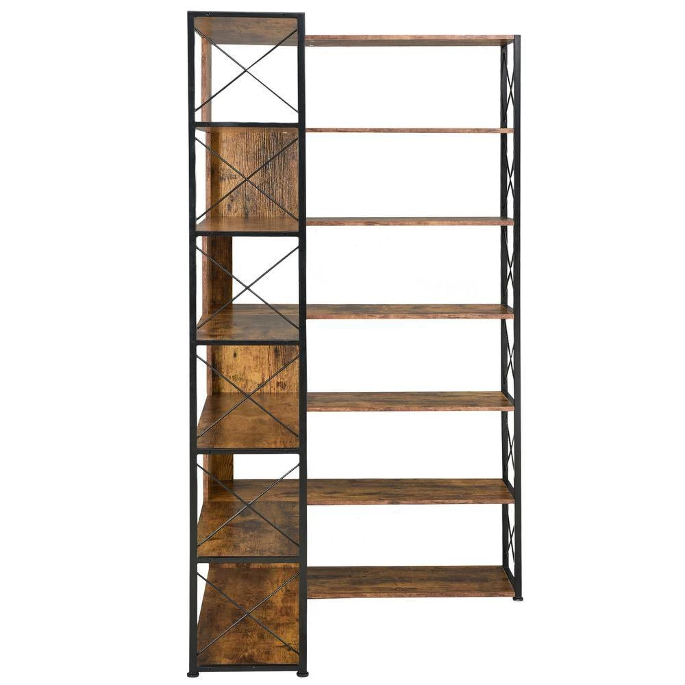 70.9 in. H Brown Wood 7-Tier L-Shaped Corner Standard Bookcase with Metal Frame by ATHMILE 2 70.9 in. H Brown Wood 7-Tier L-Shaped Corner Standard Bookcase with Metal Frame by ATHMILE - Image 2