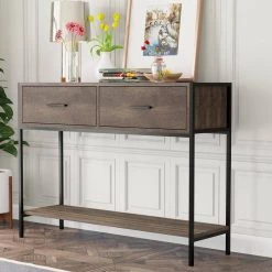 39.37 in. Brown Standard Rectangle Console Table with 2-Drawers and Open Shelf by ATHMILE -ATHMILE Sales Store brown athmile console tables gzx b2w20221375 31 1000