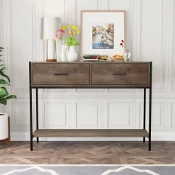 39.37 in. Brown Standard Rectangle Console Table with 2-Drawers and Open Shelf by ATHMILE -ATHMILE Sales Store brown athmile console tables gzx b2w20221375 4f 1000