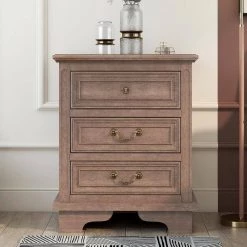 3-Drawers Brown Nightstand with Charging Ports (23.2"L x 15.8"W x 28"H) by ATHMILE -ATHMILE Sales Store brown athmile nightstands gz b2w20221419 31 1000