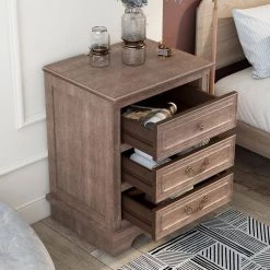 3-Drawers Brown Nightstand with Charging Ports (23.2"L x 15.8"W x 28"H) by ATHMILE -ATHMILE Sales Store brown athmile nightstands gz b2w20221419 c3 1000