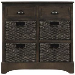 Brown Gray Rustic Storage Cabinet with Two Drawers and Four Classic Rattan Basket by ATHMILE