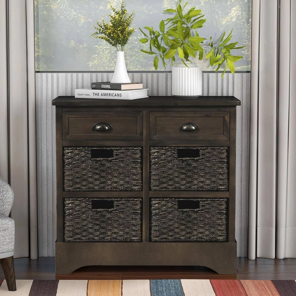 Brown Gray Rustic Storage Cabinet with Two Drawers and Four Classic Rattan Basket by ATHMILE 10 Brown Gray Rustic Storage Cabinet with Two Drawers and Four Classic Rattan Basket by ATHMILE - Image 10