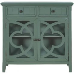 Dark Green Accent Storage Cabinet Wooden Cabinet with Adjustable Shelf and Glass Doors by ATHMILE