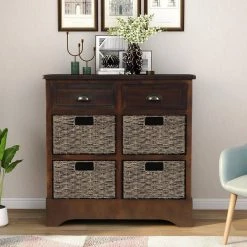 Espresso Rustic Storage Cabinet with Two Drawers and Four Classic Rattan Basket by ATHMILE -ATHMILE Sales Store espresso athmile accent cabinets gz wf193442aab 31 1000