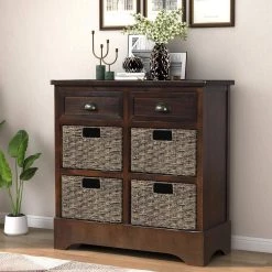 Espresso Rustic Storage Cabinet with Two Drawers and Four Classic Rattan Basket by ATHMILE -ATHMILE Sales Store espresso athmile accent cabinets gz wf193442aab 76 1000
